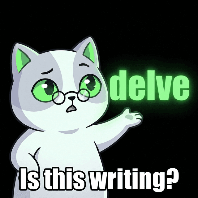 Cat meme: Is this writing? - the cat points at the glowing word delve