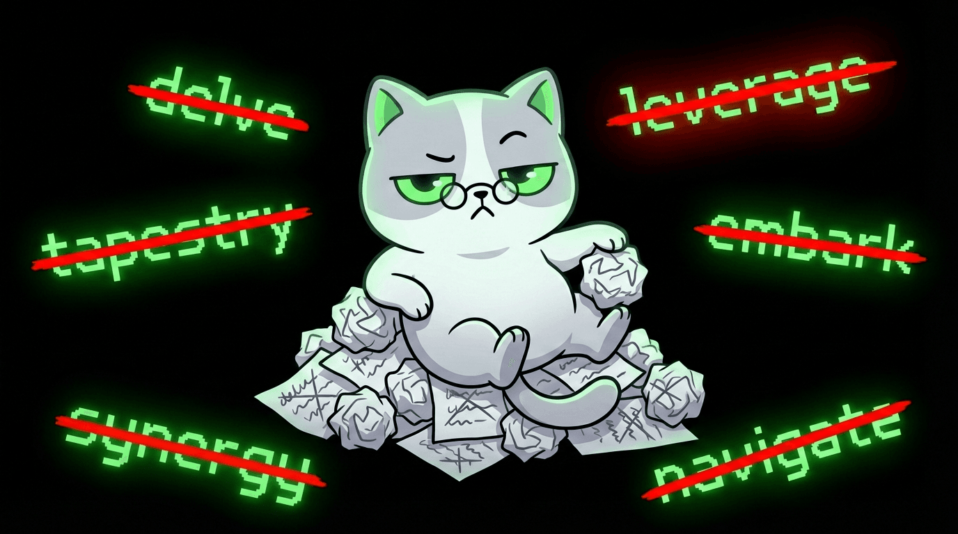 Cat mascot surrounded by crossed-out AI slop words: delve, leverage, tapestry, embark, synergy, navigate